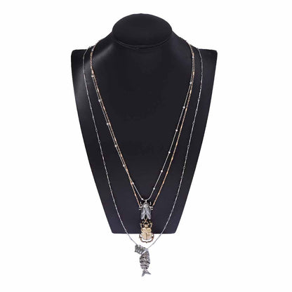 Layered Animal Pendant Necklace Beetle Fish Cicada