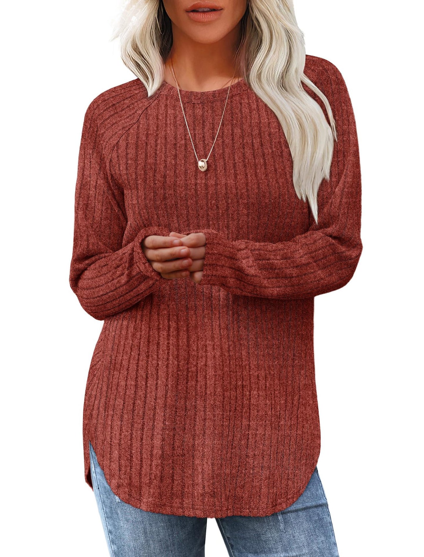 Loose Fit Round Neck Top with High-Low Hem