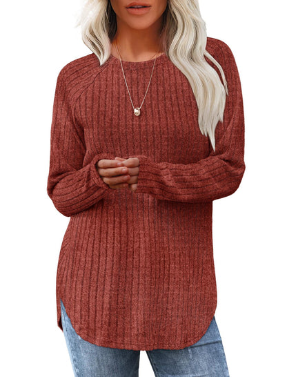 Loose Fit Round Neck Top with High-Low Hem
