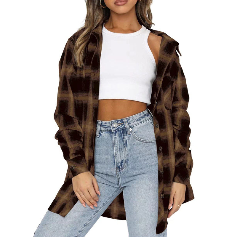 Loose-Fit Flannel Shirt with Button Closure in Plaid