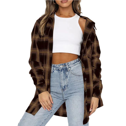 Loose-Fit Flannel Shirt with Button Closure in Plaid