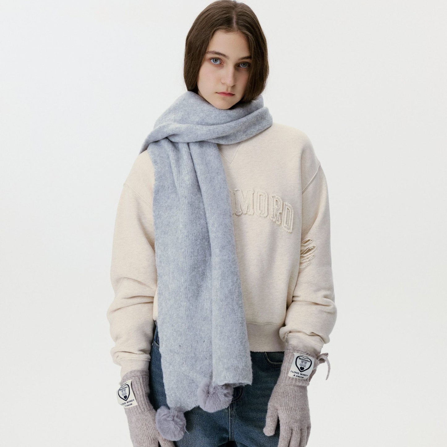 Cozy Solid Color Knitted Scarf with Pom Poms for Women