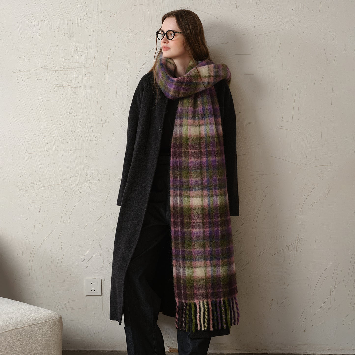 Designer Plaid Winter Scarf Cozy Woven Shawl with Fringes