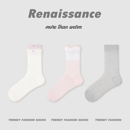 Mid Calf Striped Mesh Breathable Cotton Socks