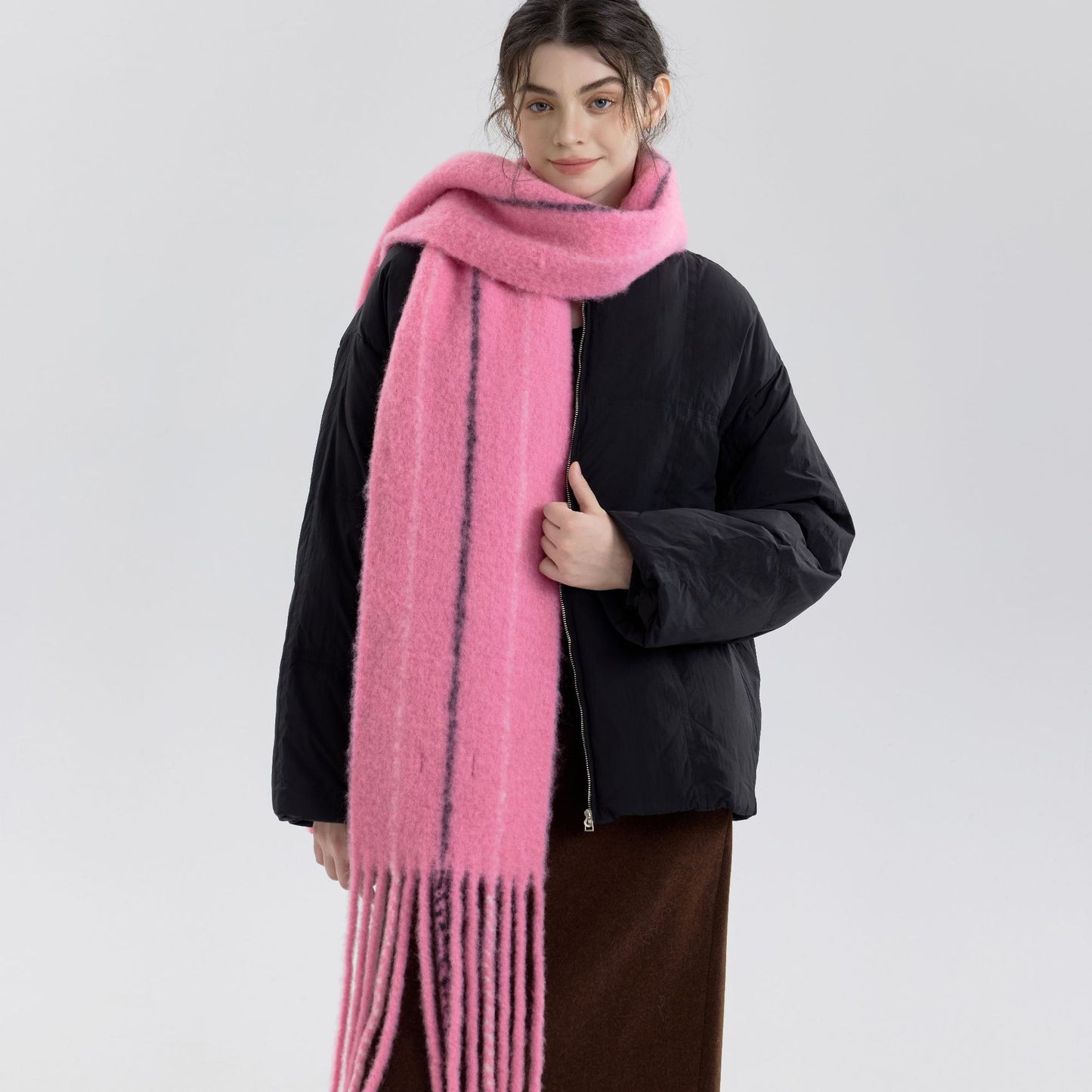 Retro Color-Block Fringed Wool Scarf for Men and Women