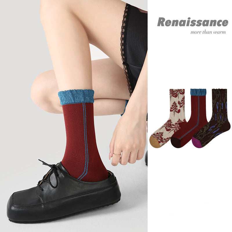 Vintage Floral Colorblock Mid Calf Combed Cotton Socks