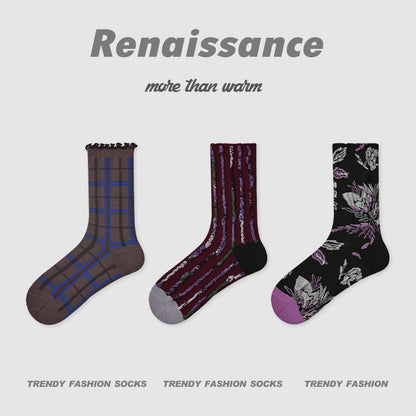 Butterfly Floral Combed Cotton Mid Calf Socks