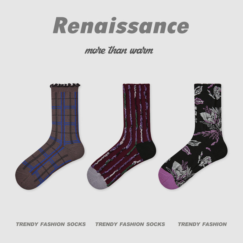 Socks Embossed Floral Mid Calf Cotton Moisture Wicking