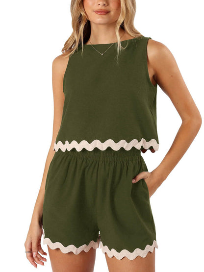 Summer Two-Piece Lace-Trimmed Tank Top and Shorts Set