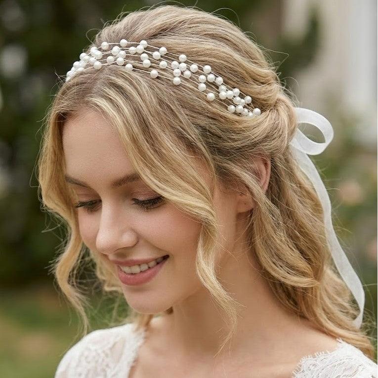 Elegant Pearl Headband with Flowing Organza Ribbons
