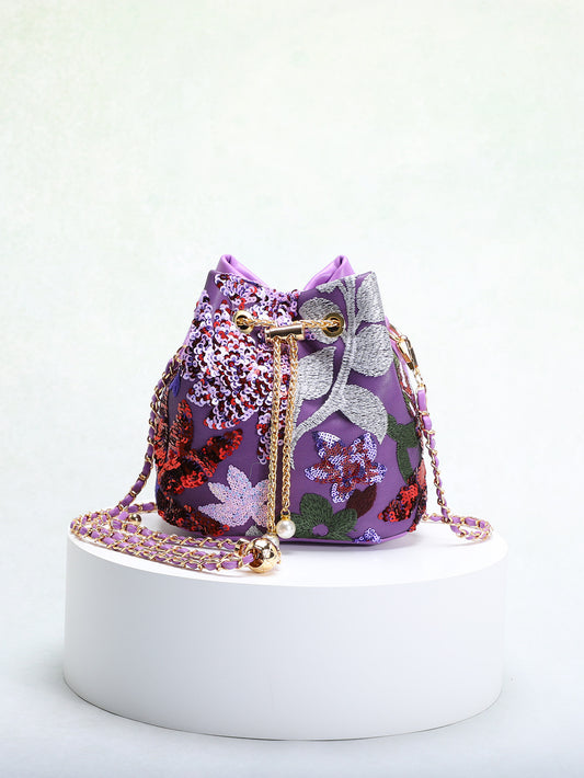 Elegant Floral Embroidery Sequin Mesh Bucket Bag