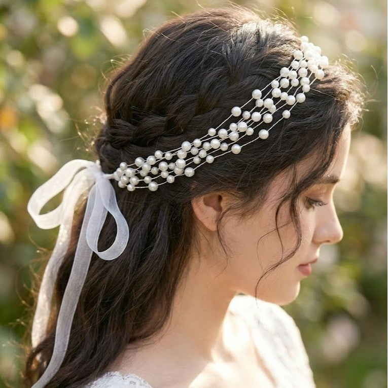 Elegant Pearl Headband with Flowing Organza Ribbons