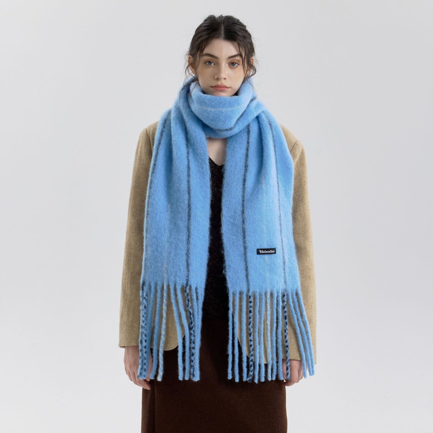 Retro Color-Block Fringed Wool Scarf for Men and Women