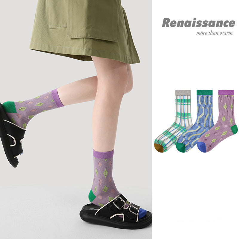 Renaissance Striped Mesh Mid Calf Cotton Socks