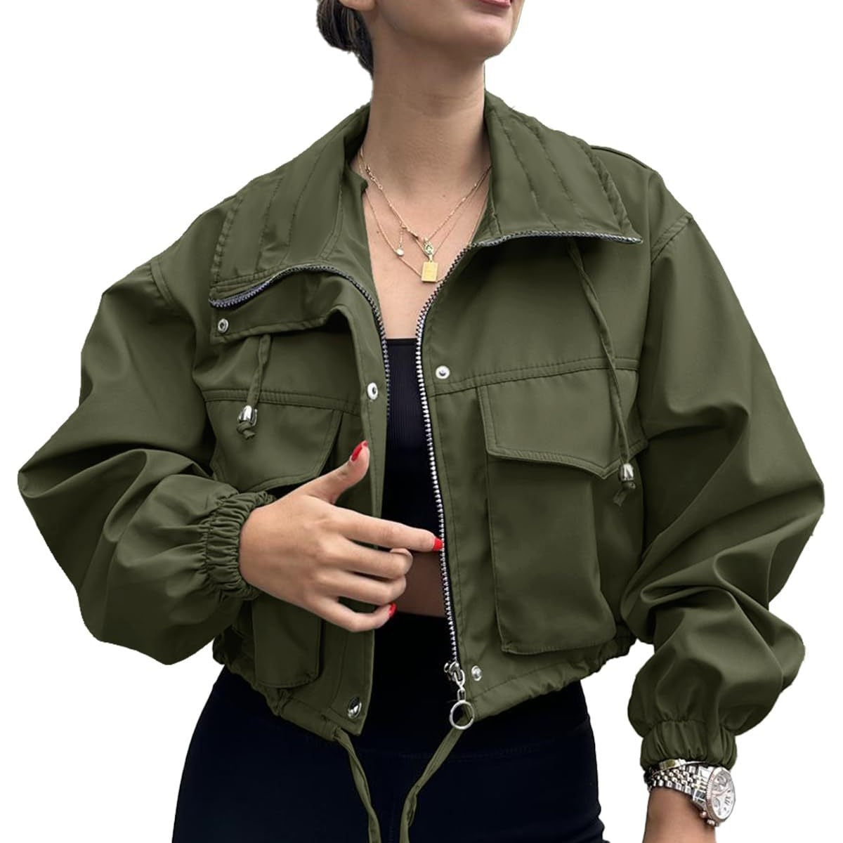 Women’s Solid Color Short Jacket with Zipper