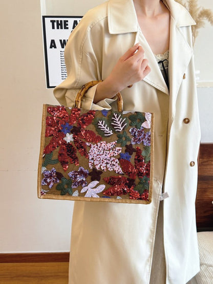 Embroidered Sequin Tote Bag with Floral Detail