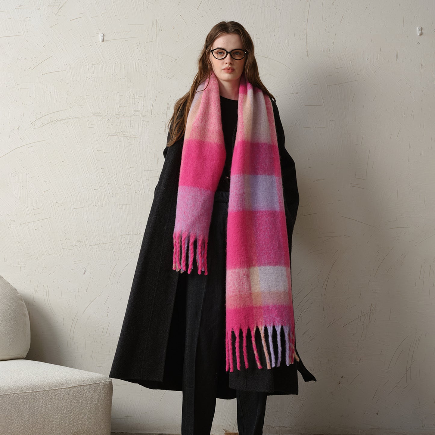 Warm Oversized Plaid Scarf with Fringes for Women