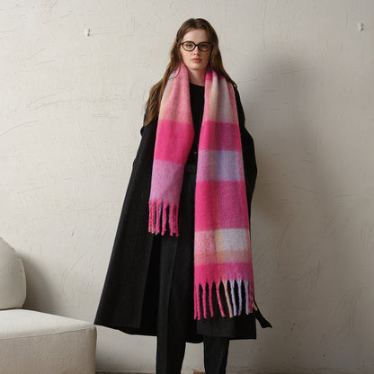 Warm Oversized Plaid Scarf with Fringes for Women