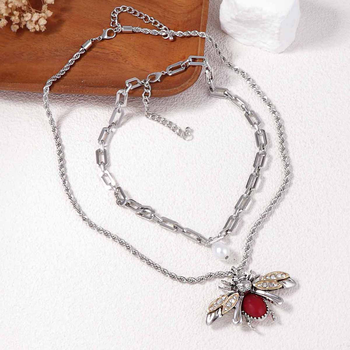 Set Of 2 Faux Pearl Bee Pendant Necklaces Micro Pave
