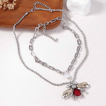 Set Of 2 Faux Pearl Bee Pendant Necklaces Micro Pave