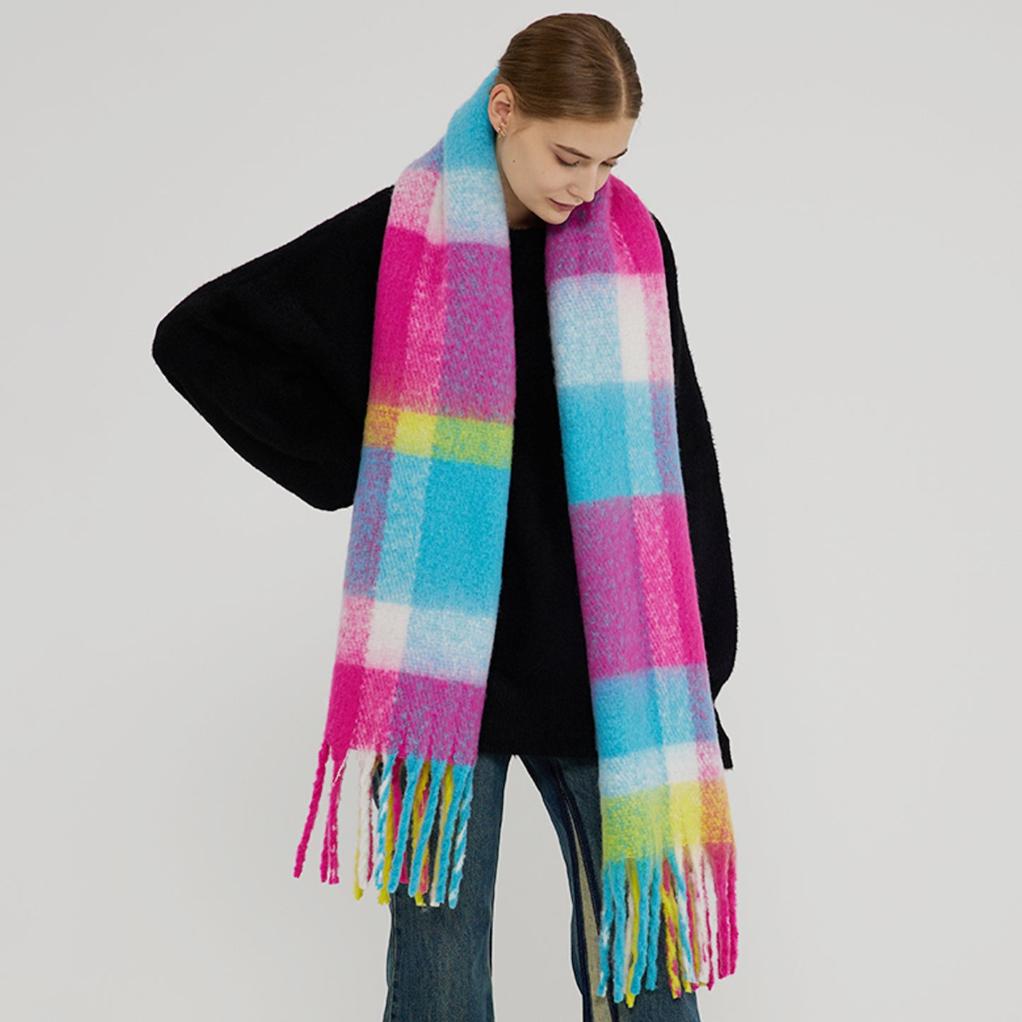 Thick Warm Plaid Oversized Scarf with Fringe