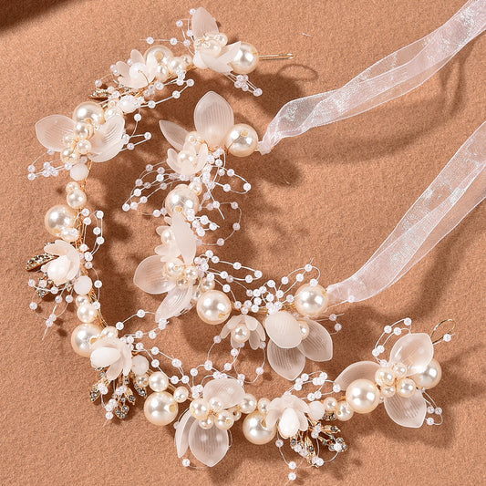 Pearl Handcrafted Wrist Flower and Headband Bridal Set