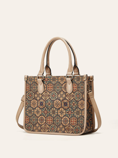 Retro Multicultural Cork Print Tote Bag Large Capacity Women's Handbag