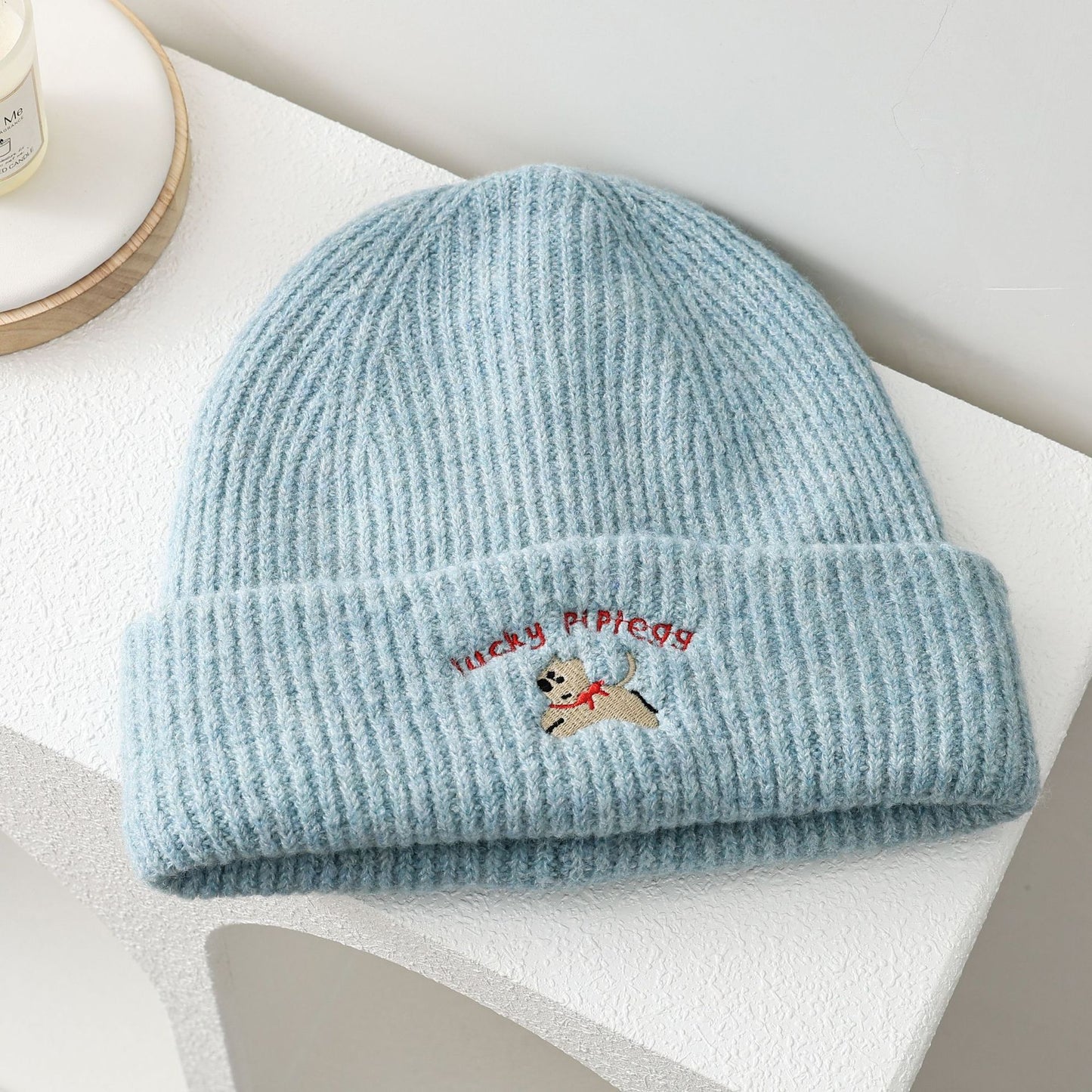 Cute Dog Embroidered Knit Hat Cozy Earflap Beanie
