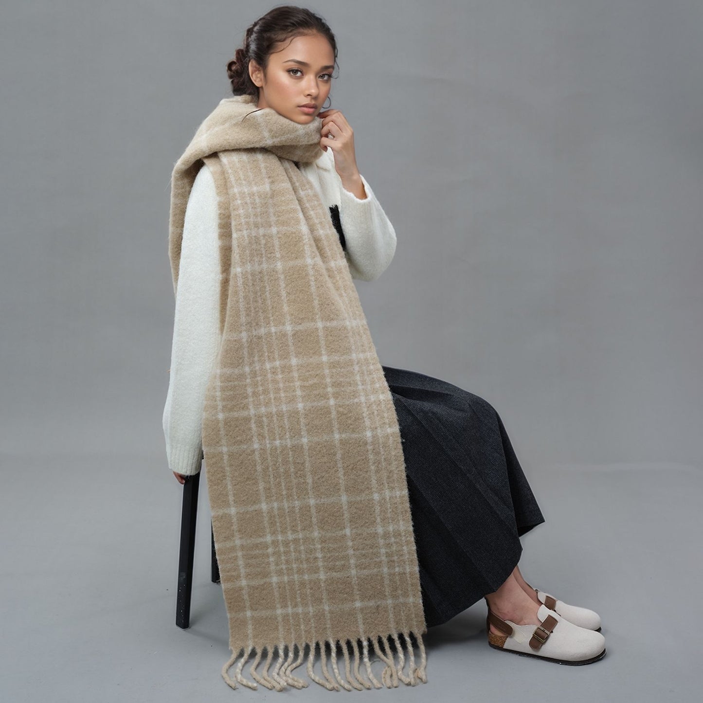 Plaid Wool Fringe Scarf Warm Winter Unisex