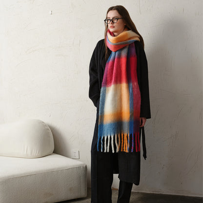 Warm Oversized Plaid Scarf with Fringes for Women