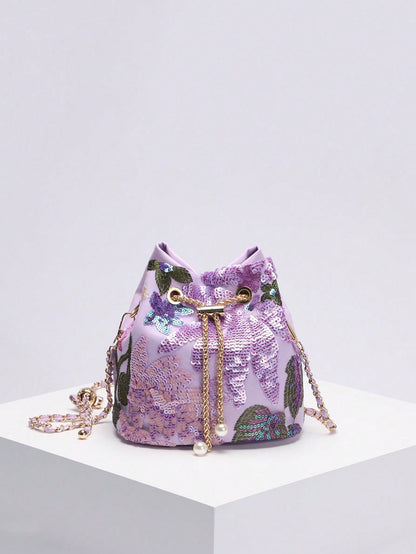Elegant Floral Embroidery Sequin Mesh Bucket Bag