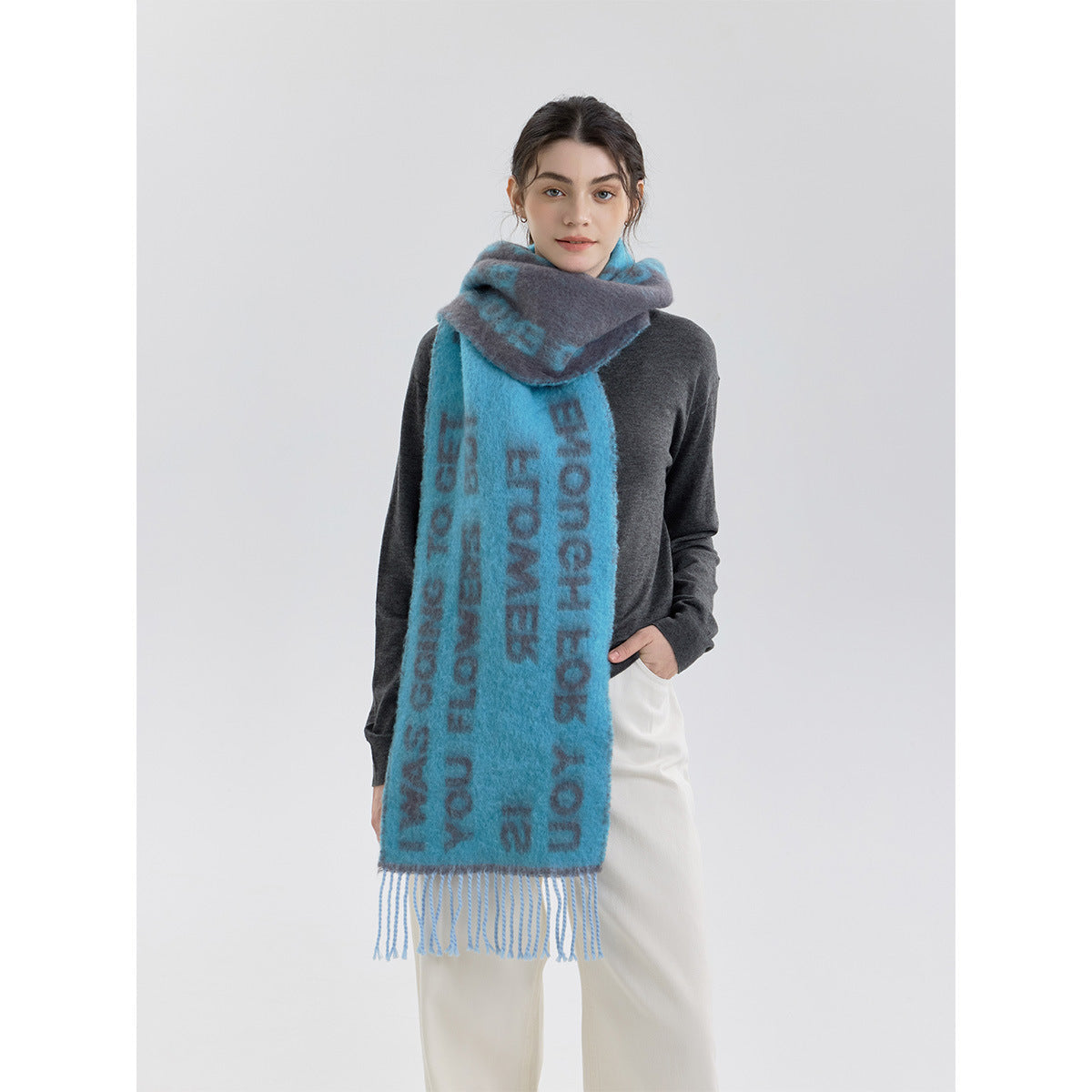 Wool Blend Letter Pattern Tassel Scarf for Women