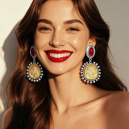 Vintage Geometric Resin Inlay Alloy Drop Earrings