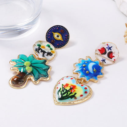 Alloy Earrings Asymmetrical Heart Floral Light Vintage