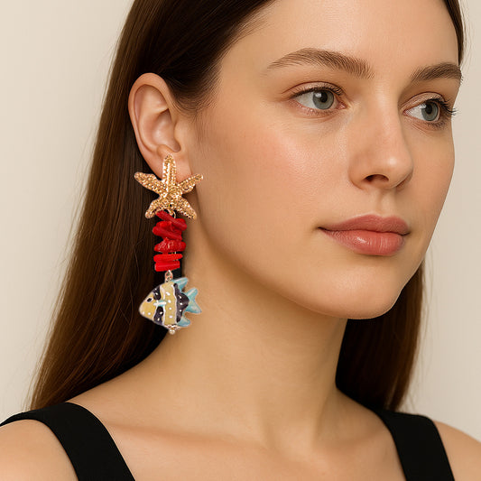 Alloy Long Dangle Earrings Starfish Shell Beach Style