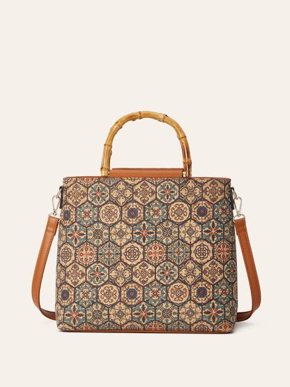 Vintage Ethnic Style Cork Print Tote Bag Eco-Friendly Large Capacity Handbag