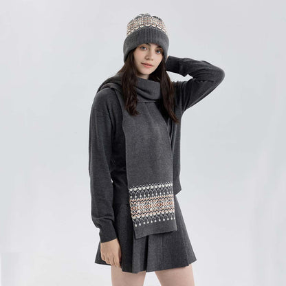 Classic Diamond Pattern Christmas Knitted Scarf and Hat Set for Winter