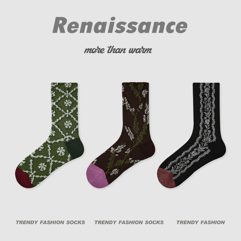 Socks Embossed Floral Mid Calf Cotton Moisture Wicking