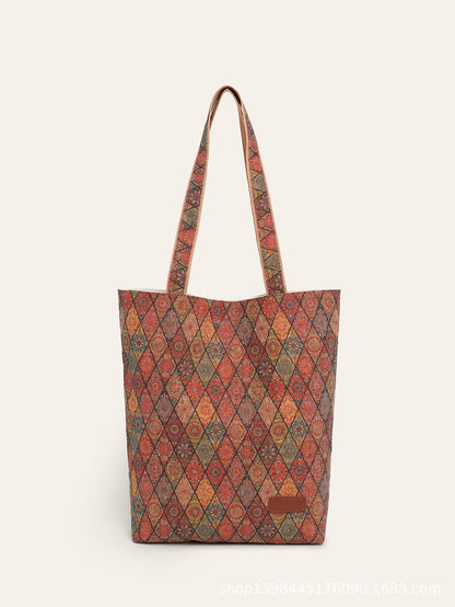 Fashionable Multifunctional Retro Print Cork Shoulder Tote Bag