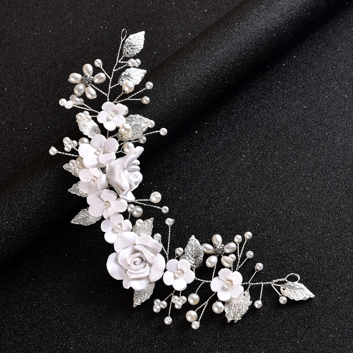 White Soft Clay Flower Headband Silver Alloy Leaves Wedding Hairpiece