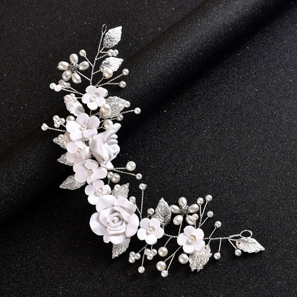 White Soft Clay Flower Headband Silver Alloy Leaves Wedding Hairpiece