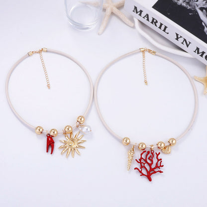 Layered Sun Coral Faux Pearl Leather Necklace