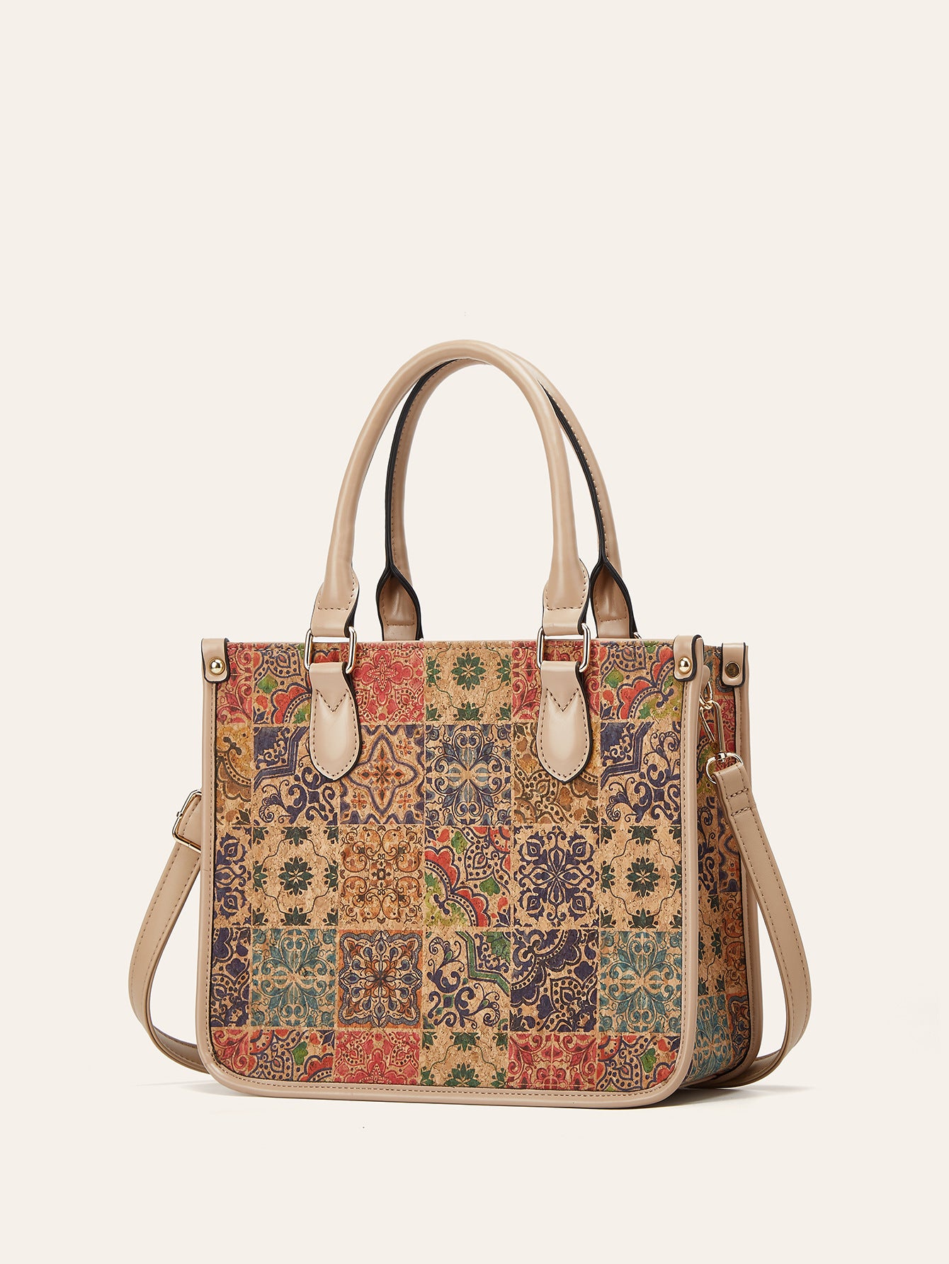 Retro Multicultural Cork Print Tote Bag Large Capacity Women's Handbag