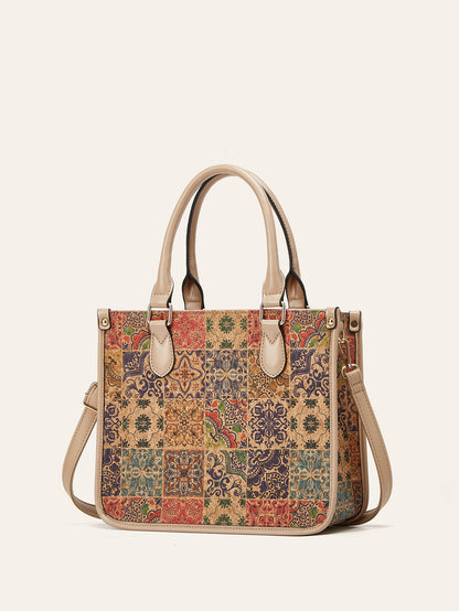 Retro Multicultural Cork Print Tote Bag Large Capacity Women's Handbag