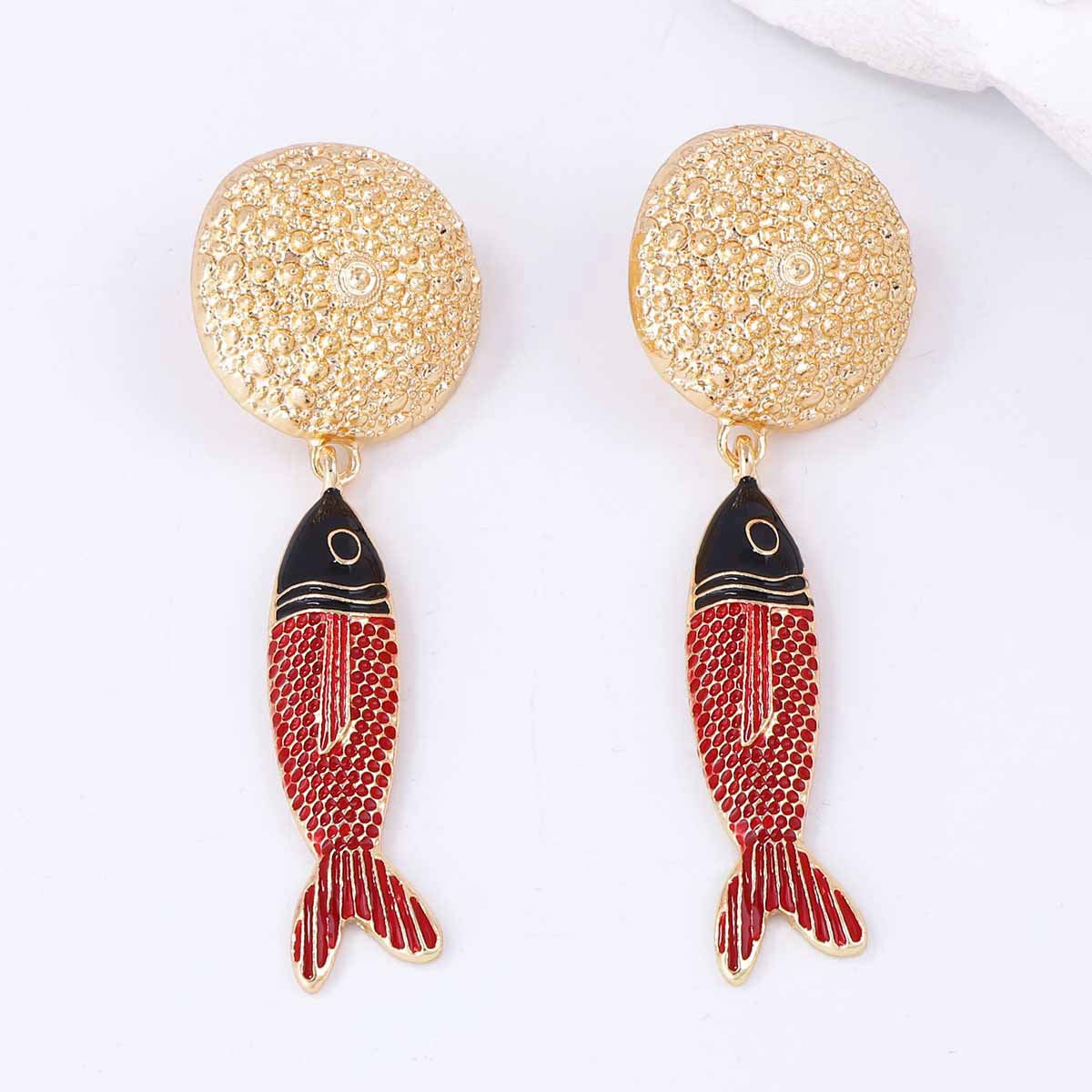 Round Fish Pendant Earrings Vintage Colorful Luxe Chic