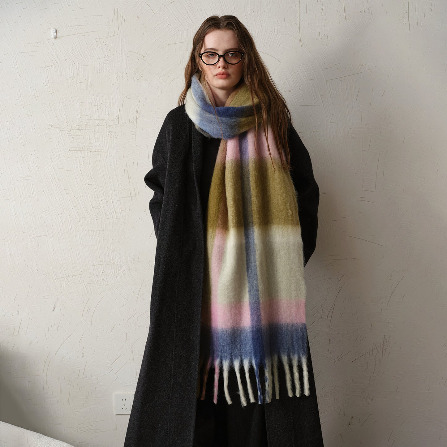 Warm Oversized Plaid Scarf with Fringes for Women