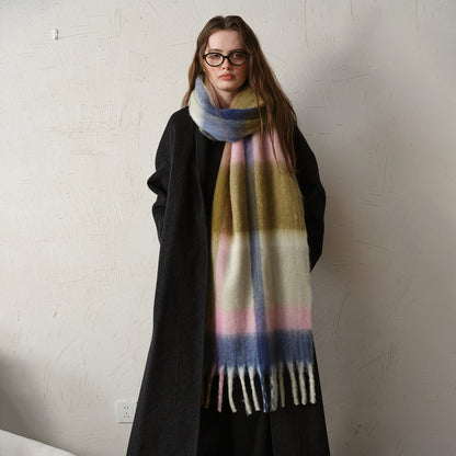 Warm Oversized Plaid Scarf with Fringes for Women