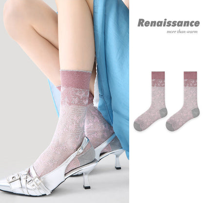 Mid Calf Pastel Colorblock Nylon Socks Breathable