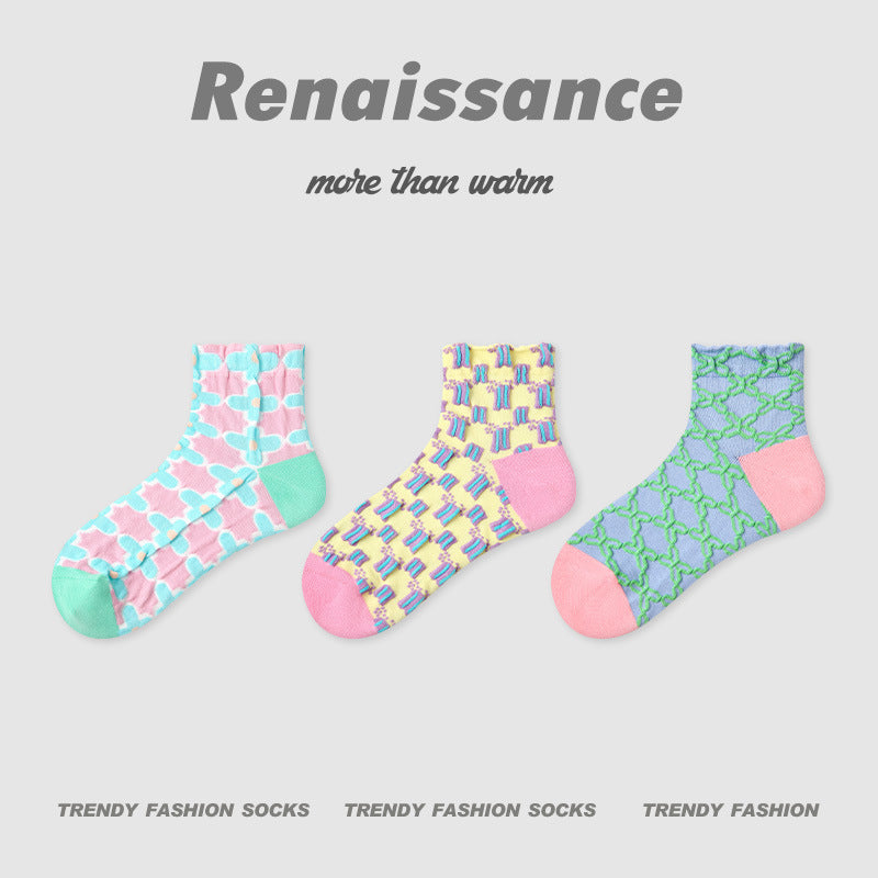 Socks Embossed Floral Combed Cotton Seamless Toe Casual