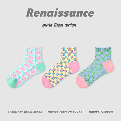Socks Embossed Floral Combed Cotton Seamless Toe Casual